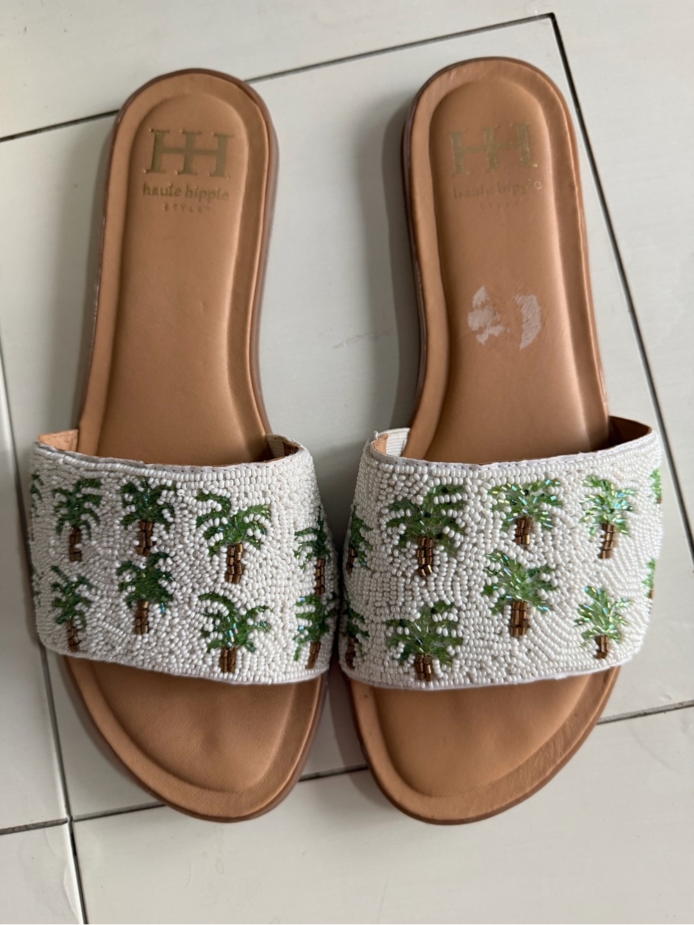 Haute Hippie Beaded Palm Tree Cream Slide Sandals Size 7.5 - Picture 3 of 5